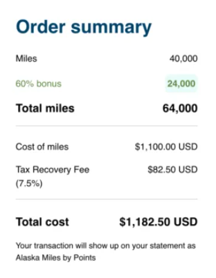 Example of buying 64,000 Alaska Mileage Plan miles with a 60% bonus