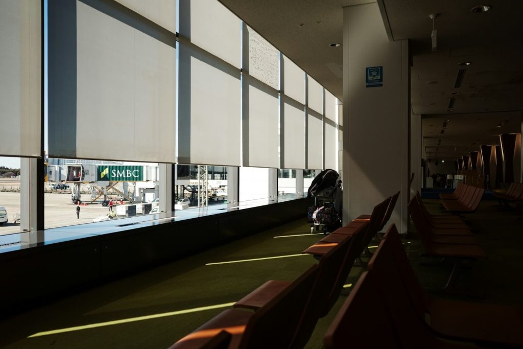 Airport lounge-style seating area near a gate