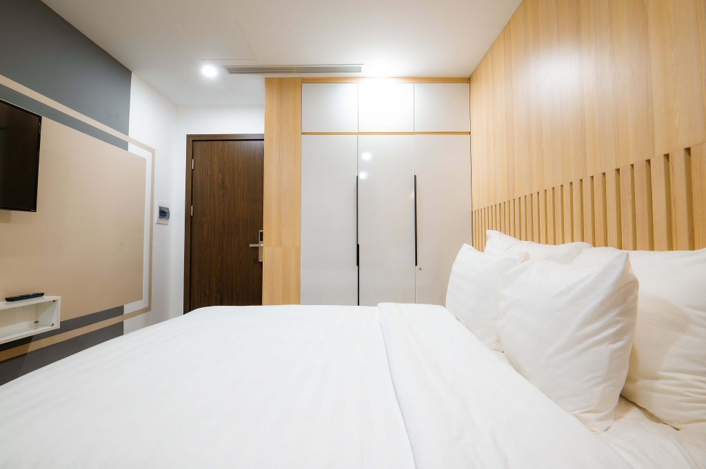 Modern hotel room with bed