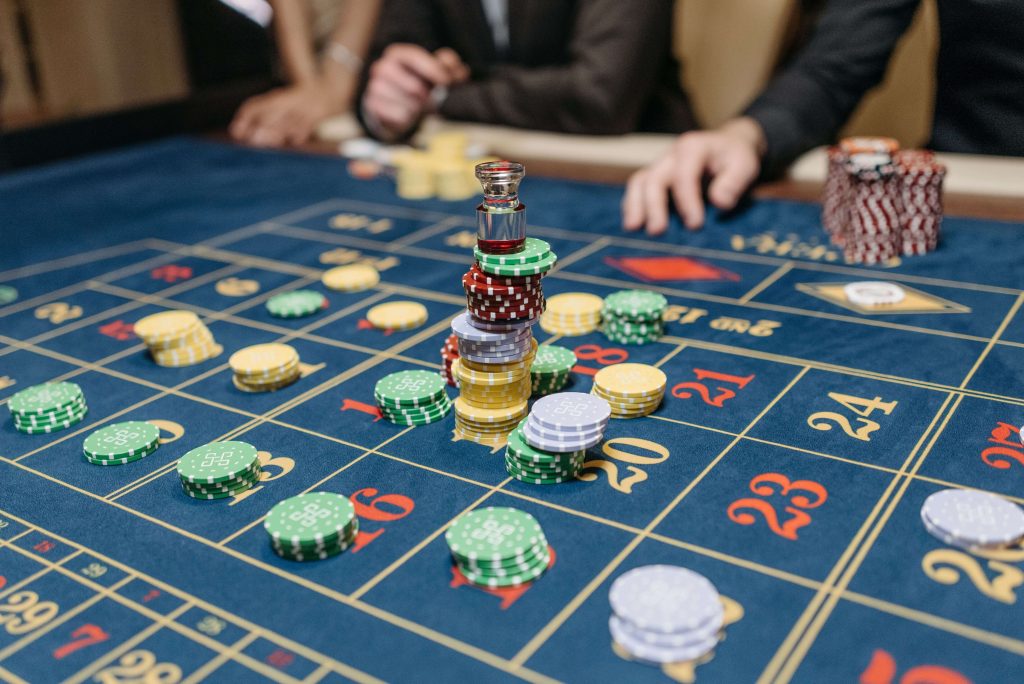 Casino roulette table with chips