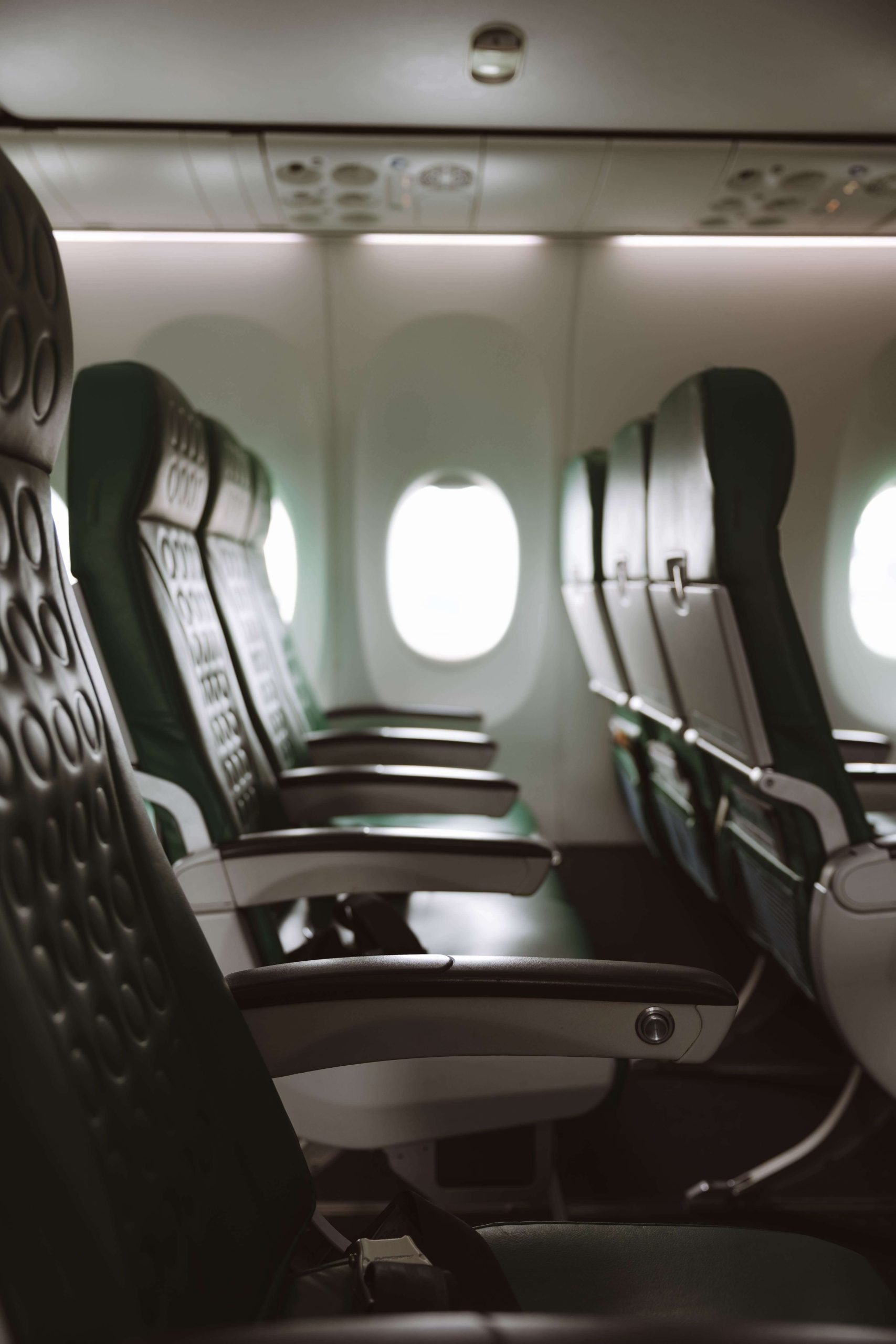 Rows of empty airplane cabin seats with window light