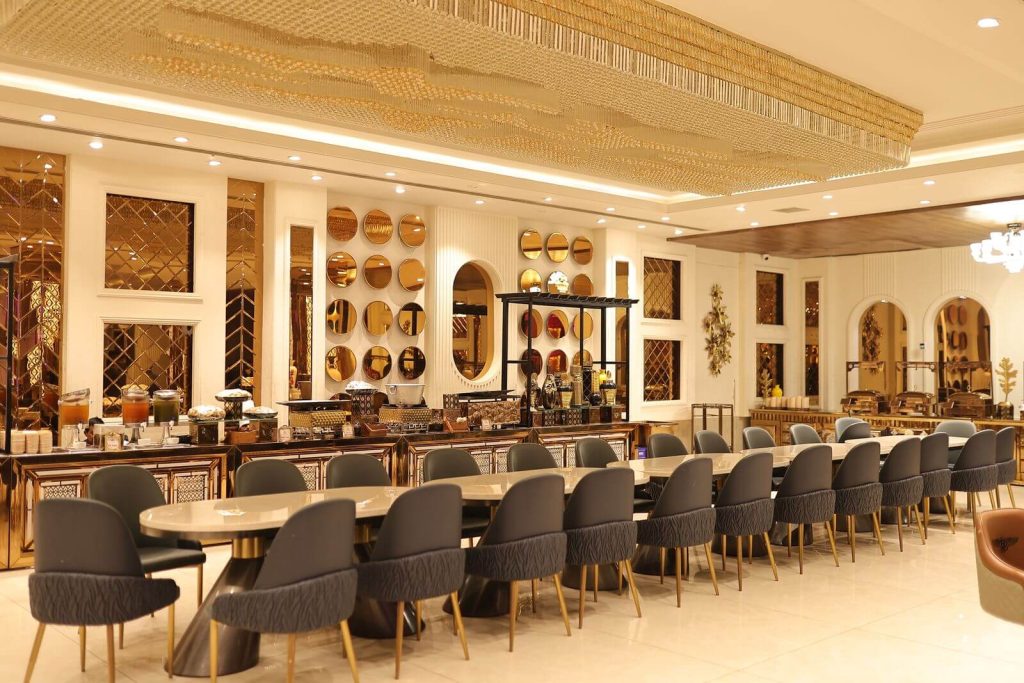 Upscale lounge dining area with elegant seating